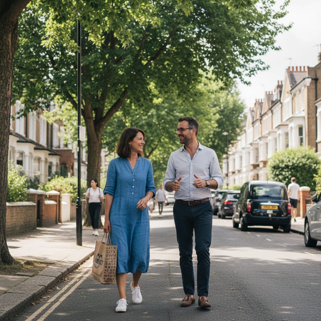 Two people walking along a residential street