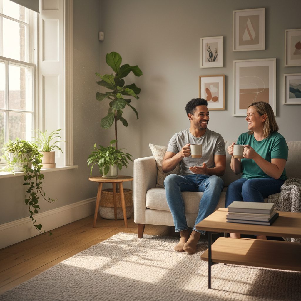 A resident and a support worker chatting over a cup of tea